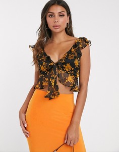 Черный шифоновый топ с завязкой спереди и цветочным принтом Missguided