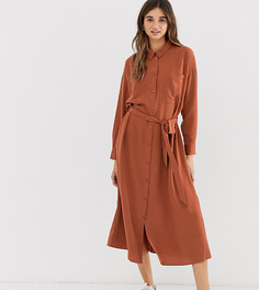 Темно-оранжевое платье-рубашка миди с поясом и карманами Monki-Коричневый
