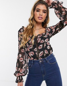 Боди с квадратным вырезом, пышными рукавами и цветочным принтом Missguided-Мульти