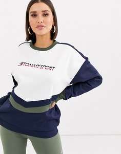 Махровый свитшот в стиле колор блок с круглым вырезом и логотипом Tommy Hilfiger Sport-Темно-синий