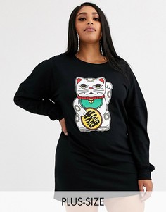 Платье-футболка в стиле oversize с длинными рукавами и принтом \lucky cat\" Rokoko Plus-Розовый