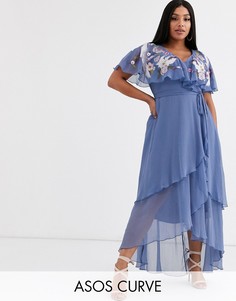Платье макси с кейпом, асимметричным подолом и вышивкой ASOS DESIGN Curve-Мульти