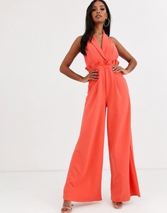Комбинезон с глубоким вырезом и оборкой на талии ASOS DESIGN-Розовый