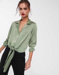 Атласная рубашка с длинными рукавами и завязкой ASOS DESIGN-Бесцветный