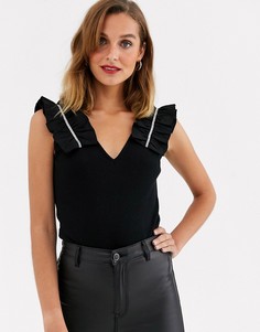 Черный топ с оборками на плечах и стразами River Island