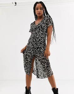 Платье миди с короткими рукавами и цветочным принтом Bershka-Мульти