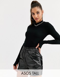Черный топ в рубчик с отверстиями для большого пальца ASOS DESIGN Tall