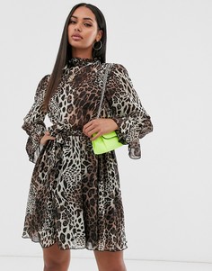 Свободное платье с леопардовым принтом и поясом Missguided-Мульти