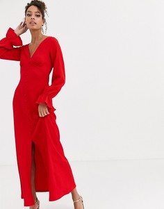 Фактурное платье макси на пуговицах с длинными рукавами ASOS DESIGN-Красный