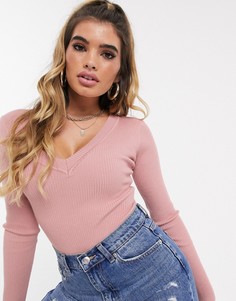 Розовое трикотажное боди с v-образным вырезом Missguided-Розовый
