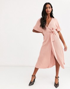 Платье миди в рубчик, с запахом и пышными рукавами ASOS DESIGN-Розовый