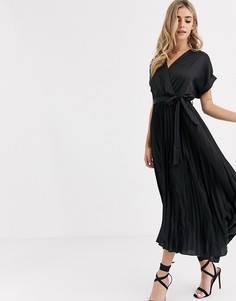 Черное атласное платье миди с плиссировкой New Look-Черный