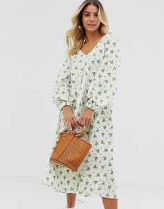 Свободное фактурное платье миди с цветочным принтом ASOS DESIGN-Мульти
