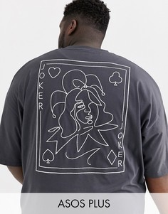 Длинная oversize-футболка с вышивкой на спине и принтом на груди ASOS DESIGN Plus-Серый