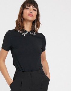 Черный топ со стразами на воротнике River Island