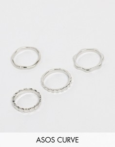 4 серебристых кольца разных дизайнов с фактурной отделкой ASOS DESIGN Curve-Серебряный