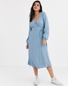 Синее платье миди в горошек с длинными рукавами и запахом New Look-Синий