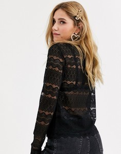 Черный кружевной oversize-топ с высоким воротником Pieces