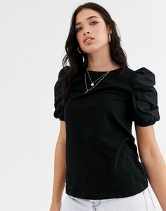 Черная футболка со сборками на рукавах River Island-Черный