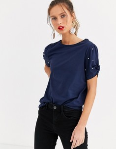 Темно-синяя футболка с искусственным жемчугом на рукавах River Island-Темно-синий