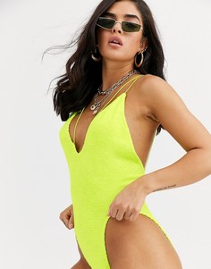 Желтый супероблегающий слитный купальник с глубоким вырезом ASOS DESIGN