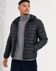Черная дутая куртка с капюшоном Bershka-Черный