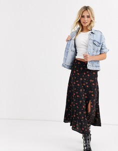 Юбка с боковым разрезом и цветочным принтом New Look-Черный