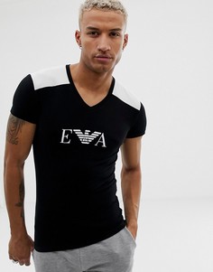 Черная узкая футболка для дома с логотипом и V-образным вырезом Emporio Armani-Черный