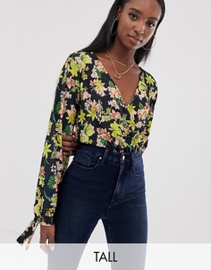 Боди с запахом, цветочным принтом и пышными рукавами на манжетах ASOS DESIGN Tall-Мульти