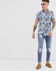 Голубая узкая рубашка с цветочным принтом River Island-Синий