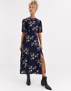 Темно-синее платье с пышными рукавами и цветочным принтом New Look-Синий