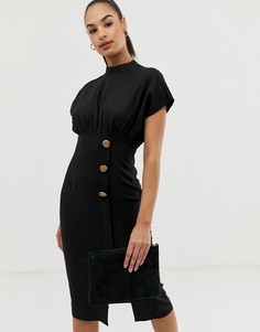 Льняное платье миди с высоким воротом и черепаховыми пуговицами ASOS DESIGN-Черный