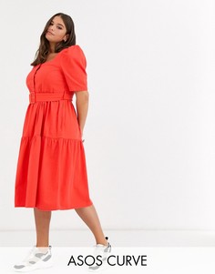 Джинсовое платье миди с пышными рукавами и поясом ASOS DESIGN Curve-Оранжевый