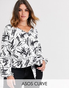Топ с длинными рукавами и абстрактным принтом ASOS DESIGN Curve-Бесцветный
