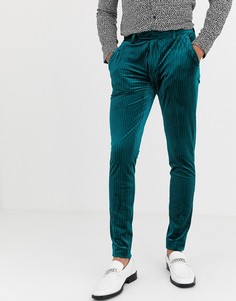 Зеленые бархатные строгие брюки супероблегающего кроя со складками ASOS DESIGN-Зеленый