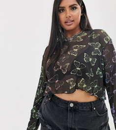 Сетчатый топ с длинными рукавами и принтом бабочек Rokoko Plus-Мульти