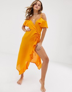 Пляжное платье макси из жатой ткани с открытыми плечами и сборками на талии ASOS DESIGN-Оранжевый