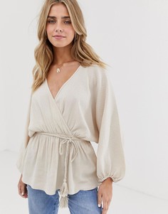 Фактурный хлопковый топ с длинными рукавами и веревочным поясом ASOS DESIGN-Светло-бежевый