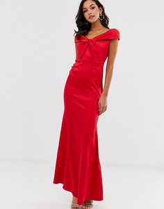 Атласное платье макси с открытыми плечами и перекрутом City Goddess-Красный