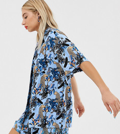 Комбинируемая голубая oversize-блузка с принтом джунглей Monki-Синий