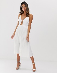 Плиссированное платье миди с золотистым украшением ASOS DESIGN-Белый