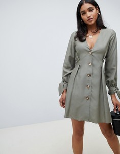 Короткое приталенное платье на пуговицах с завязками на рукавах ASOS DESIGN-Зеленый