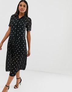 Монохромное плиссированное платье-рубашка миди в горошек ASOS DESIGN-Мульти