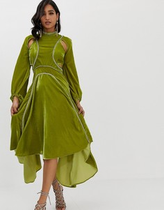 Бархатное платье миди с отделкой стразами ASOS DESIGN-Зеленый