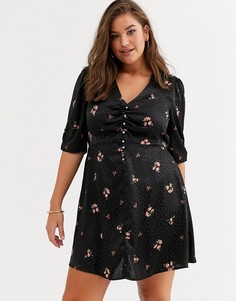 Черное жаккардовое чайное платье на пуговицах с цветочным рисунком Simply Be-Мульти