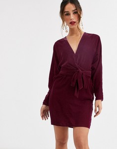 Бархатное платье мини с рукавами \летучая мышь\" и запахом ASOS DESIGN-Кремовый