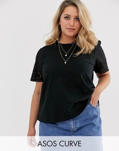 Черная футболка с вышивкой ришелье на рукавах ASOS DESIGN Curve-Черный