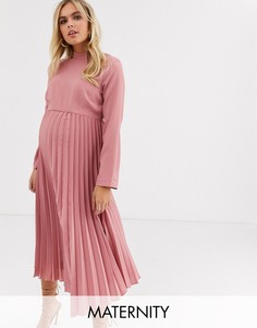 Платье миди с высоким воротом и плиссировкой ASOS DESIGN Maternity-Розовый