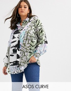 Атласная oversize-рубашка со смешанным платочным принтом ASOS DESIGN Curve-Мульти