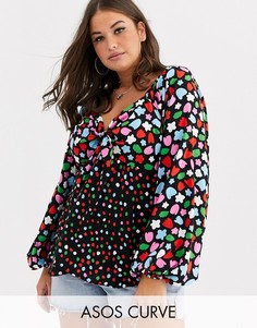 Топ с длинными объемными рукавами и комбинированным принтом ASOS DESIGN Curve-Мульти